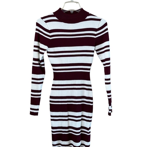 Say What? burgundy white stripe dress mock turtleneck long sleeves Size L Jr - Picture 1 of 15